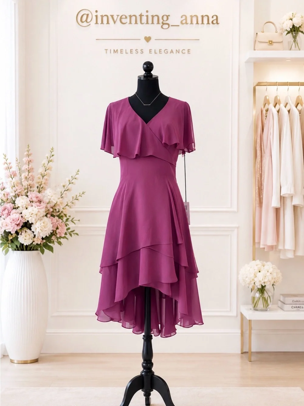 Billowy High-Low layered dress w/flutter sleeves partially lined burgundy color